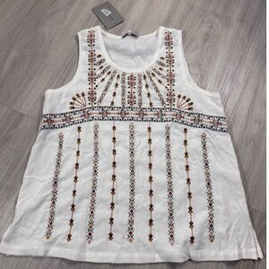 See and Be Seen Women White Embroidered Boho Sleeveless Tank Top Medium NWT